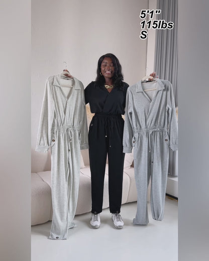 Turn-down Collar Overlap V-Neck Drawstring Stretchy Waist Jumpsuit Casual Flap Pockets Design Jumpsuit