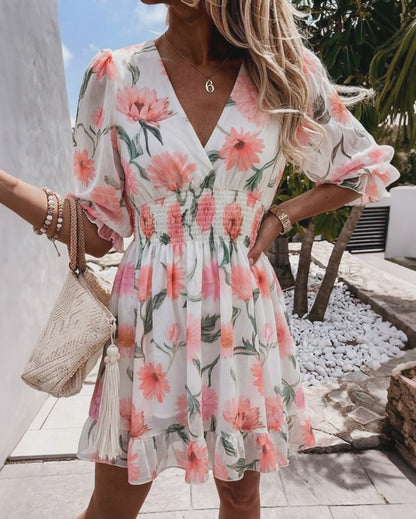 Floral Print Overlap Deep V-Neck Half Sleeve Shirred Waist A Line Dress Casual Flared Cuffs Ruffle Hem Chiffon Dress