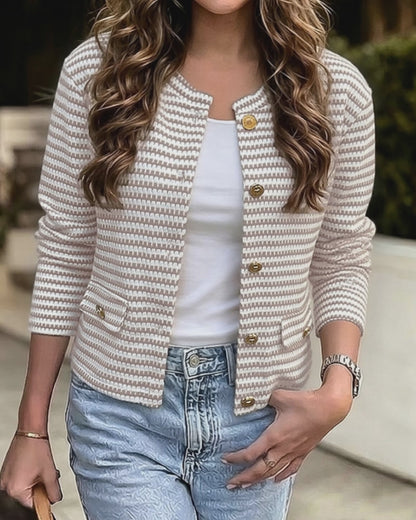 Women's Striped Textured Long Sleeve Crew Neck Gold Button Crop Coat