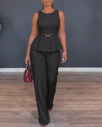Women's 2 Piece Outfits Sleeveless Peplum Top and Wide Leg Pants Set Elegant Gold Belt Business Work Suits