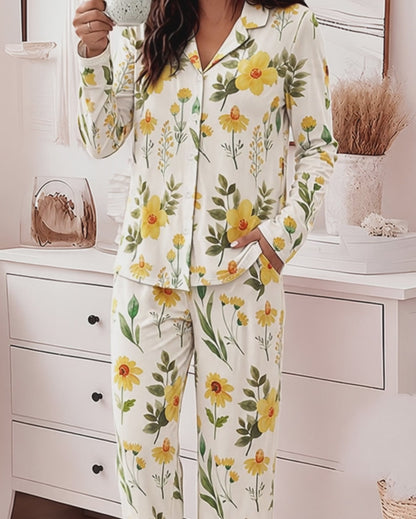 Women's Floral 2 Piece Pajamas Set Long Sleeve Button Down Notched Collar Top and Straight Leg Pants Casual Loungewear