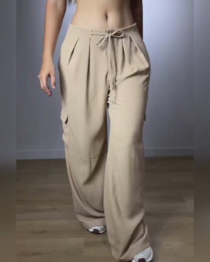 High Waist Drawstring Pleated Front Wide Leg Trousers Casual Flap Pockets Design Cargo Pants