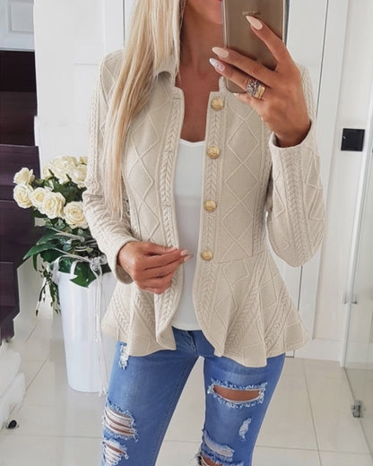 Women's Argyle Cable Knit Jacket Elegant Lapel Collar Gold Button Down Cardigan Ruffle Hem Long Sleeve Coat
