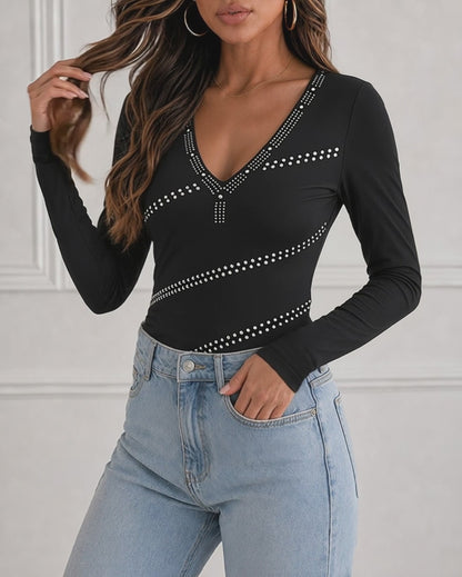 Women's Deep V Neck Rhinestone Top Slim Fit Long Sleeve Ribbed Knit Tee Sparkly Blouse