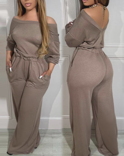 Off Shoulder V Back Elastic Waist Pockets Design Jumpsuit Casual Drop Shoulder Cinched Waist Wide Leg Jumpsuit