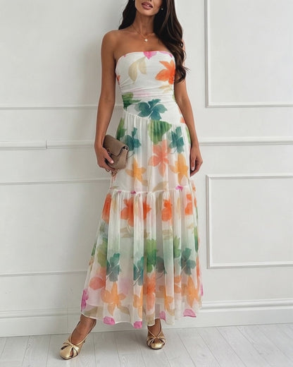 Women's Floral Strapless Maxi Dress Ruched Mesh Tube Vacation Dress Ruffle Hem A-Line Sundress with Detachable Clear Straps