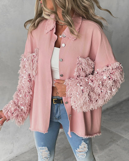 Sequin Decor Turn-down Collar Button Front Pockets Design Denim Coat Casual Fuzzy Spliced Raw Trim Shacket