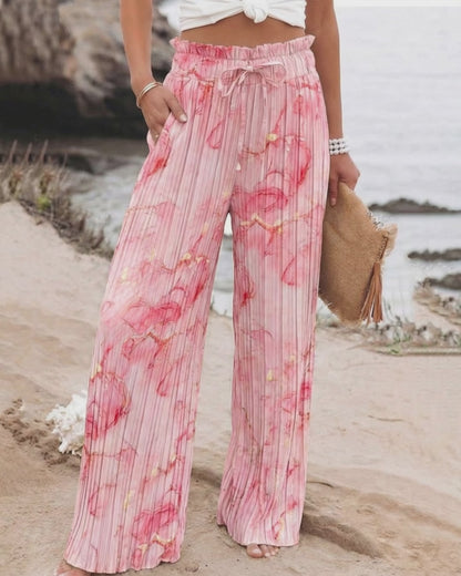 Women's Tie Dye Print Pleated Wide Leg Pants High Waisted Flowy Palazzo Pants Drawstring Lounge Pants with Pockets