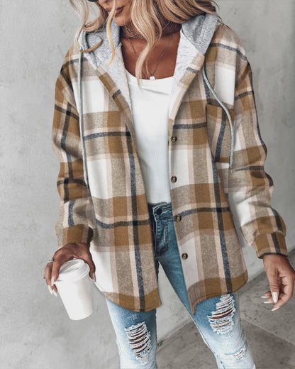 Plaid Print Button Front Pocket Design Drawstring Hoodie Jacket Casual Asymmetrical Hem Thermal Lined Shirt Coat