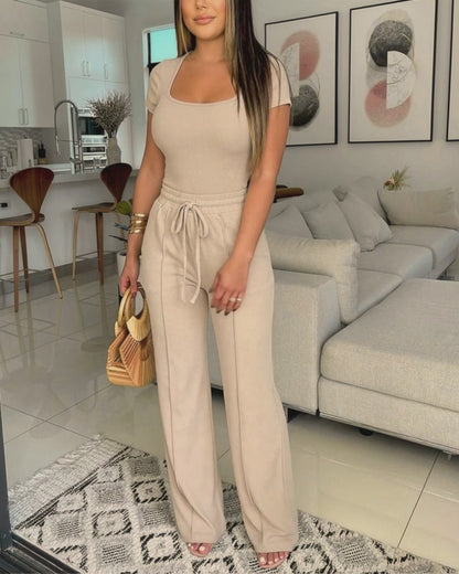 2 Pieces Outfit U-Neck Short Sleeve Slim Fit Ribbed Bodysuit and Drawstring Elastic Waist Seam Front Pants Casual Versatile Set