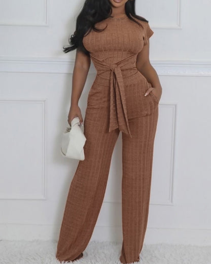 Women's Ribbed 2 Piece Outfits Tied Waist Crop Top and Straight Leg Pants Set Casual Matching Set with Pockets
