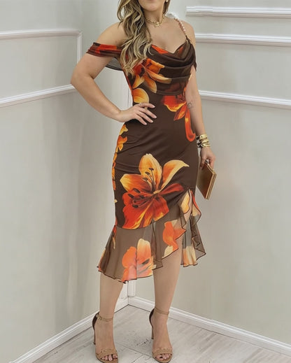Women's Vintage Floral Print Bodycon Dress Cowl Neck Stretchy Pearl Strap Mermaid Dress Elegant Side Slit Evening Gown