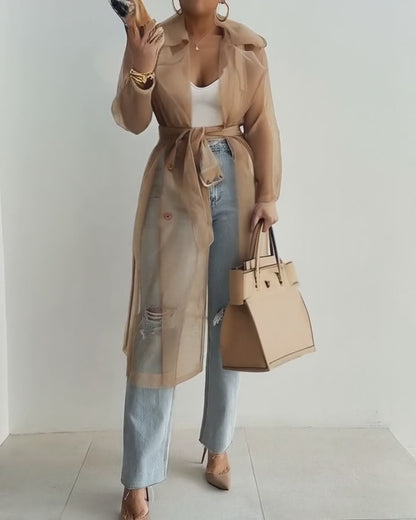 Notched Collar Long Sleeve Double Breasted Sheer Mesh Jacket Casual Longline Trench Coat with Belt