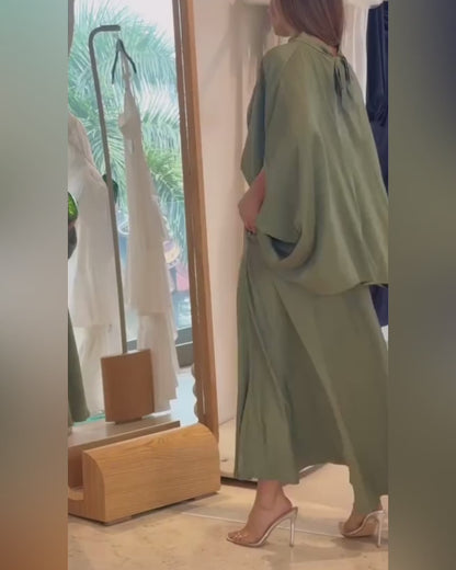 2 Pieces Outfit Stand Collar Batwing Sleeve Tie Back Top and High Waist Elastic Back Waist Skirt Set Elegant Satin Commuting Set