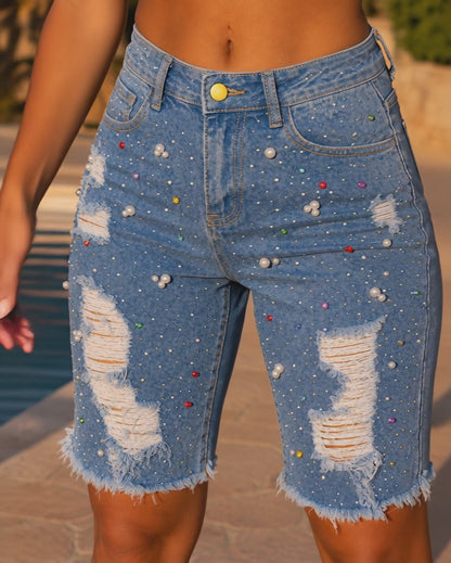 Women's Y2K Rhinestone Pearl Denim Bermuda Shorts Ripped Raw Hem Distressed Colorful Embellished Jean Shorts