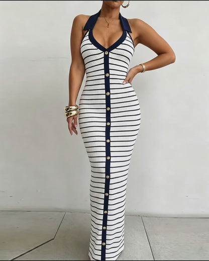 Women's Striped Halter Neck Ribbed Maxi Dress Elegant Gold Button Backless Deep V Lapel Collar Bodycon Dress