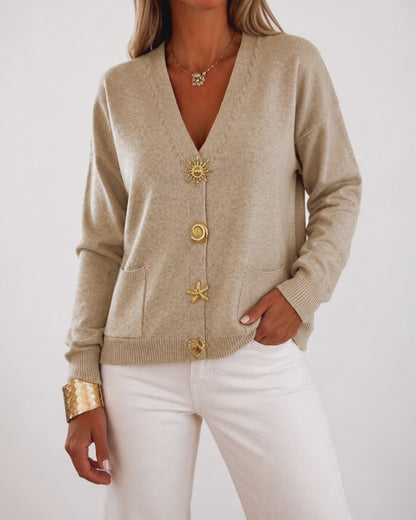 Women's Gold Button Knit Cardigan V Neck Sweater with Pockets