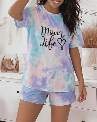 2 Pieces Outfit Letter Print Short Sleeve Top and Elastic Waist Shorts Set Casual Tie Dye Print Pajamas Set with Pockets For Mother's Day