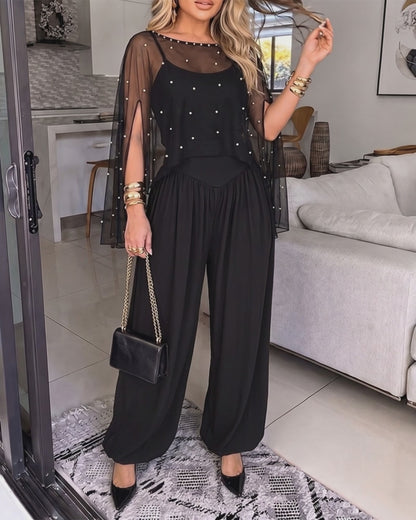 Women's 2-Piece Set Pearl Embellished Split Sleeve Chiffon Cape with Cami Lantern Jumpsuit