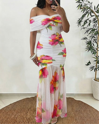 Women's Off Shoulder Floral Mesh Maxi Dress Ruched Bodycon Mermaid Dress Elegant Evening Gown with Detachable Clear Straps