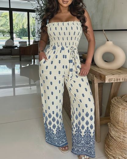 CHICME Women's Bohemian Print Jumpsuit 2-Way Strapless Wide Leg Romper with Shirred Bodice and Pockets