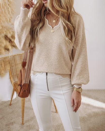 Women's Contrast Scallop Trim Knit Top V Neck Lantern Sleeve Loose Fit Casual Pullover Sweater