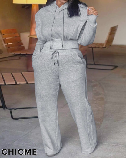 2 Pieces Outfit Long Sleeve Crop Drawstring Hoodie Sweatshirt With Thumb Hole Cuffs And Casual Drawstring Elastic Waist Wide Leg Sweatpants Set