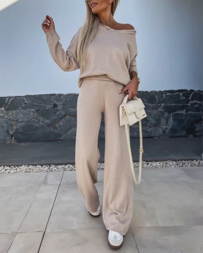 Women's Two-Piece Knit Set Long Sleeve Hoodie Top and Wide-Leg Pants Set Casual Cozy Lounge Outfit