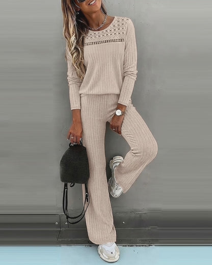 Women's Ribbed Knit Brushed Set Lace Patchwork Long Sleeve Top and Wide Leg Pants 2 Piece Lounge Set with Pockets