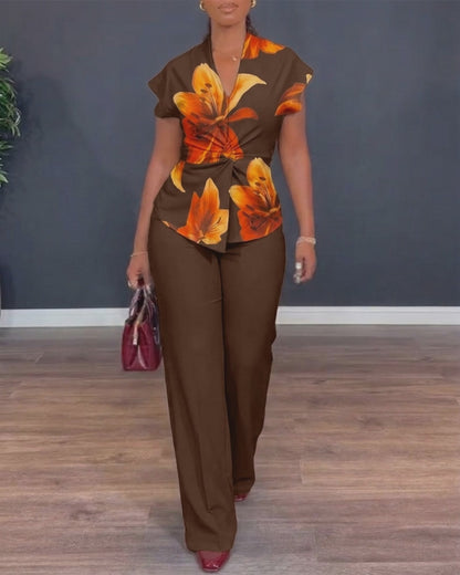 Women's Two Piece Outfit Vintage Floral Twist Front Top and Straight Leg Pants Set