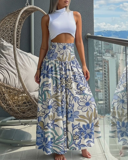 Vintage Floral Print High Waist Shirred Elastic Waist Wide Leg Pants