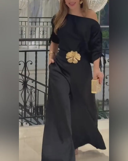 Women's Satin Two Piece Set Convertible Shoulder Drawstring Sleeve Top and Wide Leg Pants Set without Belt