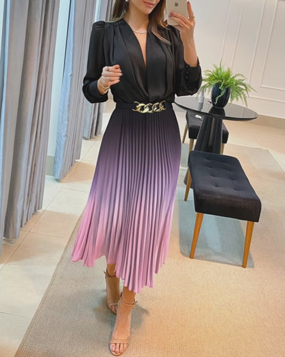Ombre Deep V Neck Long Sleeve Pleated Mid-length Dress With Chain Decor Belt