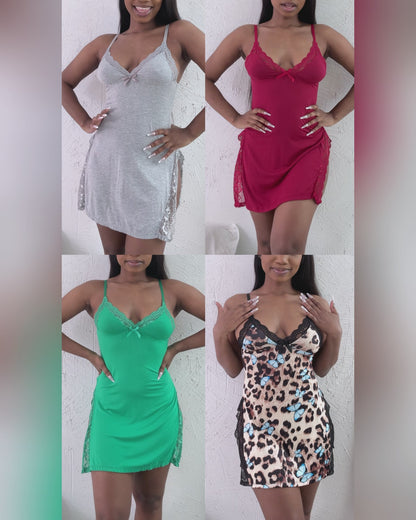 Lace Trim Adjustable Straps Side Slit Bowknot Decor Modal Cami Sleep Dress