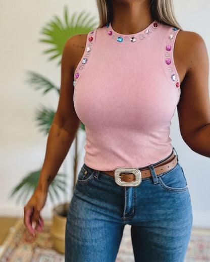 Women's Rhinestone Ribbed Tank Top Casual Crystal Trim Sleeveless Tee Slim Fit Knit Top