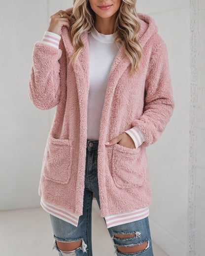 Women's Sherpa Fleece Hooded Jacket Open Front Striped Trim Fuzzy Outerwear Coat