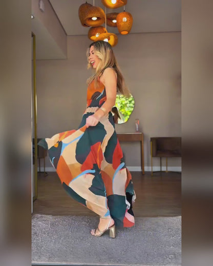 Abstract Print V-Neck Stretchy Thick Straps High Waist Backless Overalls Casual Shirred Waist Cinched Waist Wide Leg Jumpsuit