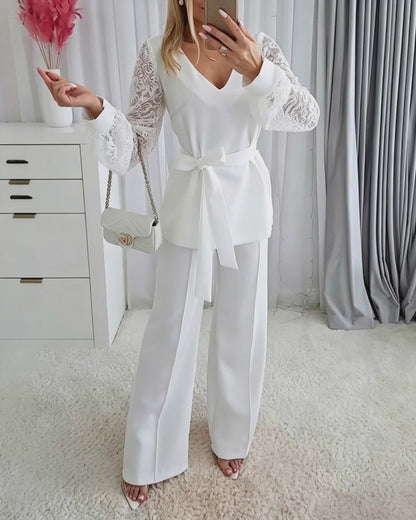 Conjunto elegante de 2 piezas para mujer, con top de encaje de manga larga y cuello en V, pantalones de pierna ancha y cinturón a juego