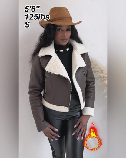 PU Leather Notched Collar Zip Up Vintage Thermal Lined Biker Jacket Faux Shearling Trim Crop Coat