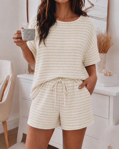 Women's 2 Piece Striped Textured Lounge Set Crewneck Short Sleeve Top and Drawstring Shorts Casual Pajamas Set