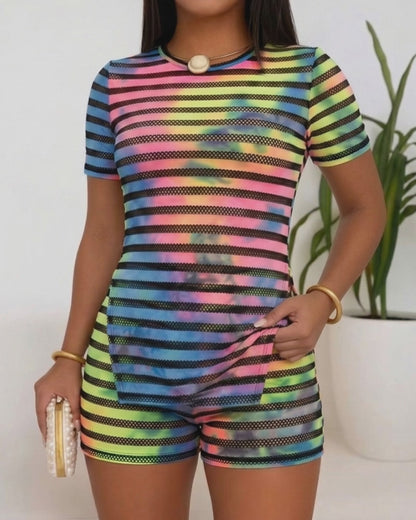 Women's Striped Tie Dye Two Piece Set Short Sleeve Side Slit Top and High Waist Shorts Slim Fit Mesh Patchwork Outfits