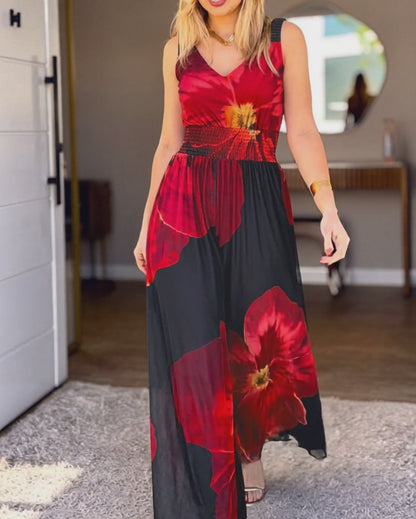 Women's Floral Print Mesh Jumpsuit V Neck Shirred Waist Wide Leg Overalls Backless Sleeveless Jumpsuit with Pockets