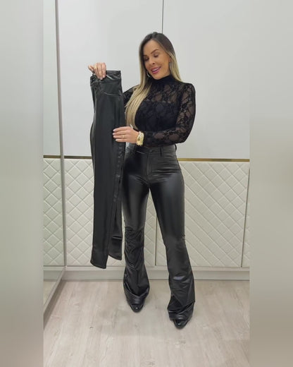 Women's High Waisted PU Leather Flare Pants Stretch Faux Leather Trousers with Pockets