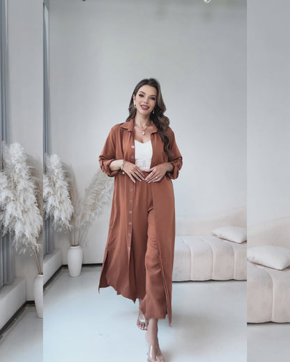 2 Pieces Outfit Turn-down Collar Turn-Up Sleeves Button Front Asymmetrical Hem Longline Blouse and Casual Elastic Waist Wide Leg Pants Set