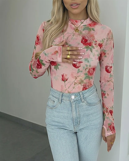 Floral Print Mock Neck Long Sleeve Tee Slim Fit Sheer Mesh Layering Top with Thumb Hole Cuffs