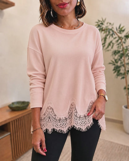 Women's Waffle Knit Crewneck Eyelash Lace Trim Loose Casual Top