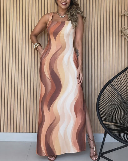 Women's Abstract Print Maxi Dress Elegant Square Neck Backless Tie Vacation Dress Side Slit Beach Sundress with Pockets
