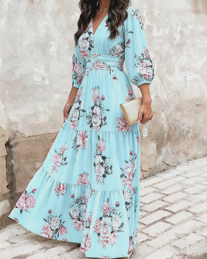 Women's Floral Print Ruffle Hem Maxi Dress V-Neck Three Quarters Sleeve Shirred Back A-Line Vacation Dress