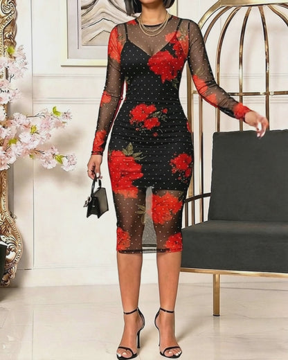 Women's Floral Print Rhinestone Mesh Dress Sexy Long Sleeve Sheer Midi Dress with Adjustable Cami Slip Dress Set