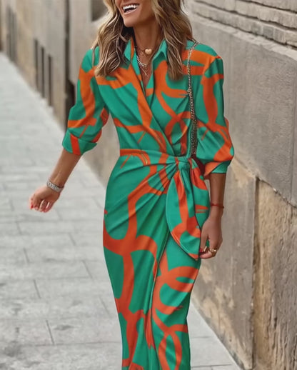 Abstract Print Turn-down Collar Tied Detail Ruched Dress Casual Wrap Front Vacation Dress